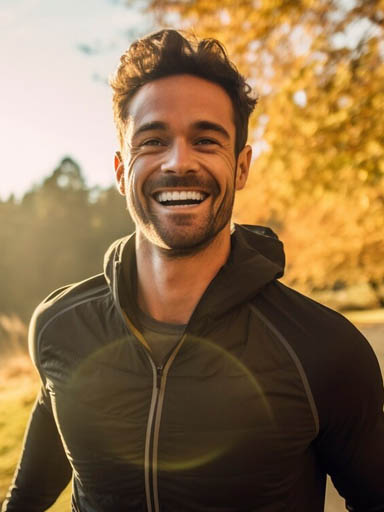 homem feliz com roupas de corrida se exercitando ao ar livre com uma area verde