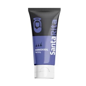 Bisnaga de creme Minoxidil para barba, da marca Santa Rita, com 120g. A embalagem tem design em preto e azul, com logotipo e nome da marca em destaque. O produto é indicado para estimular o crescimento de pelos faciais.