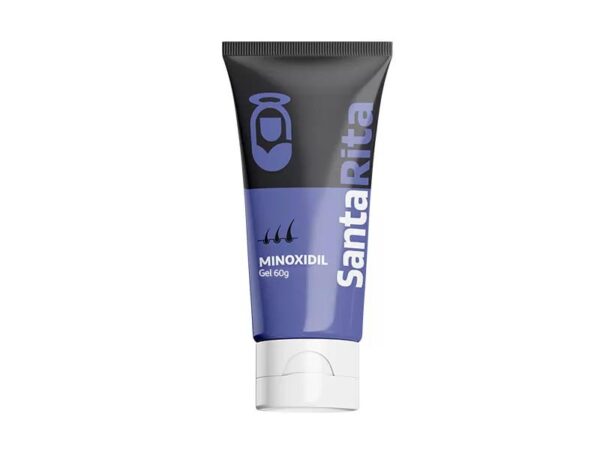 Bisnaga de creme Minoxidil para barba, da marca Santa Rita, com 120g. A embalagem tem design em preto e azul, com logotipo e nome da marca em destaque. O produto é indicado para estimular o crescimento de pelos faciais.