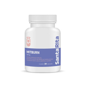 Frasco branco de suplemento alimentar Mitburn 50mg, da marca Santa Rita, com rótulo azul. O produto contém 30 cápsulas e é indicado para auxiliar na queima de gordura localizada, especialmente em flancos, abdômen e quadris.